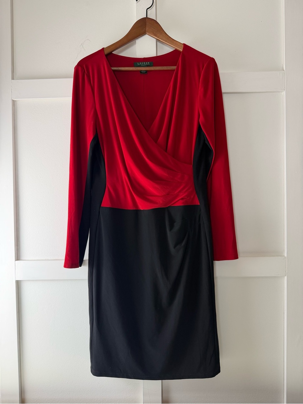 Ralph Lauren Red & Black Faux Wrap Long Sleeve Dress